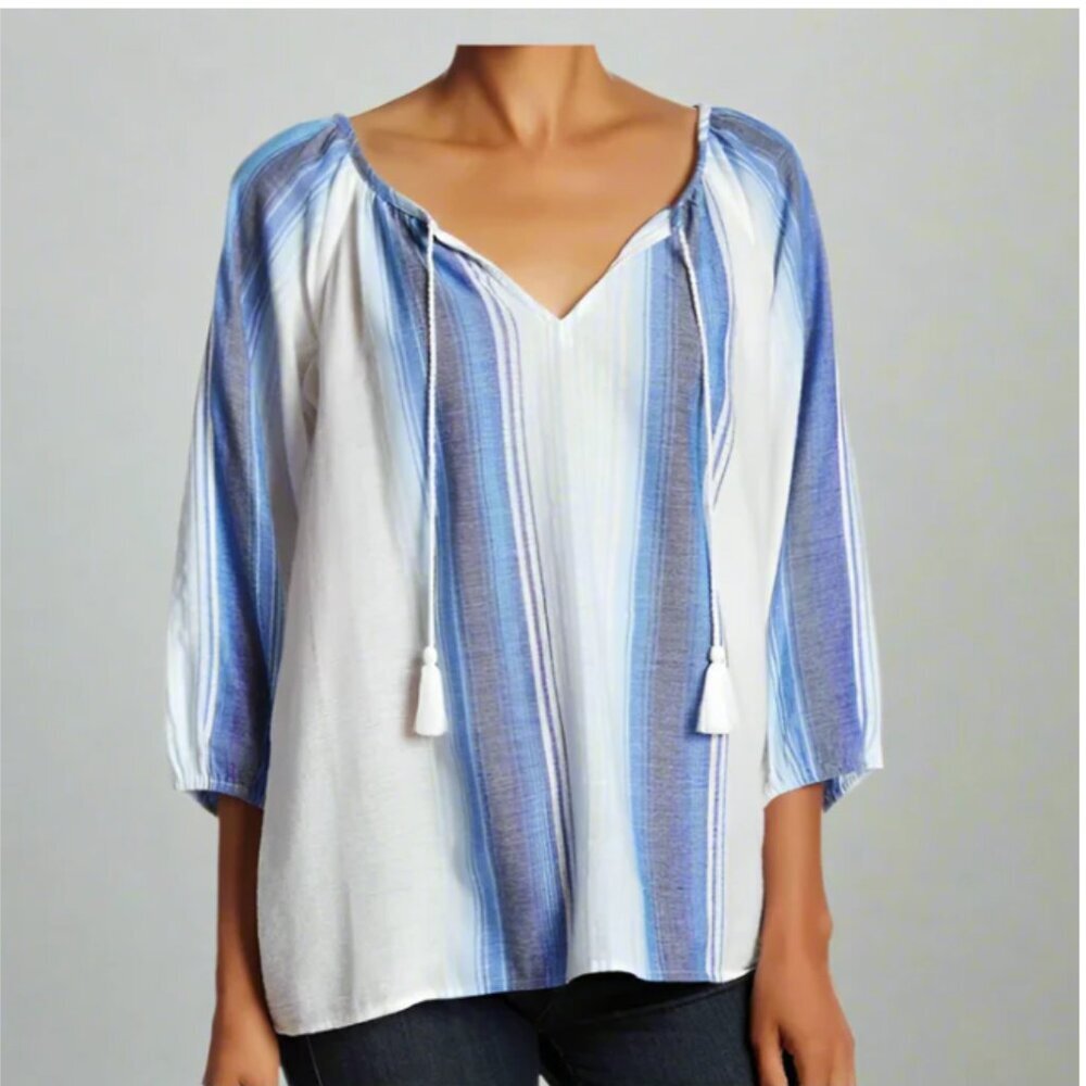 Joie Tunic Blouse Women Small Blue Stripe V-Neck Cotton Lightweight Resort Small